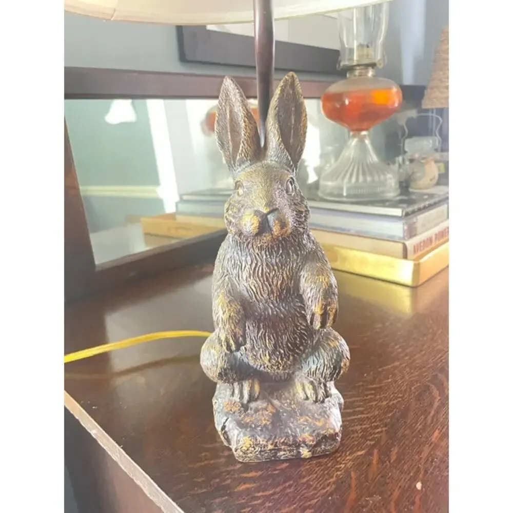Vintage Bronze Tone Rabbit Table Lamp Woodland Cottagecore Nursery Decor Light